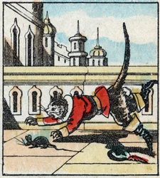 Illustrazione della fiaba di Charles Perrault "Il gatto con gli stivali". Incisione su legno di Imaging Pellerin - Epinal, fine XIX secolo.