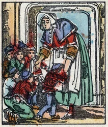 Illustrazione del racconto "Pollicino" di Charles Perrault. Incisione su legno di Imaging Pellerin - Epinal, sd. Fine XIX secolo.