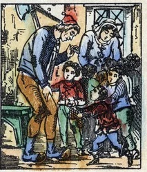 Illustrazione della fiaba "Pollicino" di Charles Perrault. Incisione su legno di Imaging Pellerin - Epinal, fine XIX secolo.
