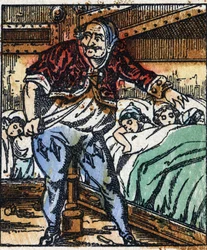 Illustrazione della fiaba "Pollicino" di Charles Perrault. Incisione su legno di Imaging Pellerin - Epinal, fine XIX secolo.