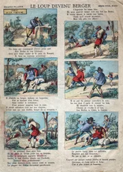 Illustrazione della favola di Jean de la Fontaine (1621-1695): il lupo divenne pastore. Immagine di Epinal fine XIX secolo