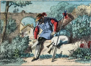 Illustrazione della favola di Jean de la Fontaine (1621-1695): il lupo divenne pastore. Immagine di Epinal fine XIX secolo