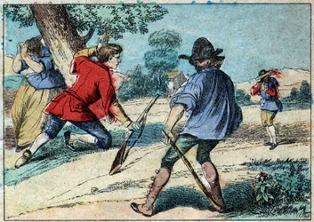 Illustrazione della favola di Jean de La Fontaine (1621-1695): il lupo diventato pastore. Immagine di Epinal della fine del XIX secolo