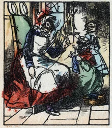 Illustrazione del racconto "Raminagrobis e i topi". Incisione su legno di Imaging Pellerin - Epinal, sd. Fine XIX secolo