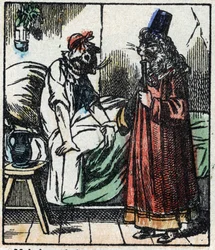 Illustrazione della favola "Raminagrobis e i topi". Incisione su legno da Imaging Pellerin - Epinal, fine XIX secolo.
