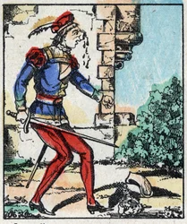 Illustrazione del racconto "Le avventure di Grand Flandrin". Incisione su legno di Imaging Pellerin - Epinal, sd. Fine XIX secolo.