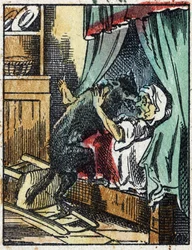 Illustrazione del racconto "Cappuccetto Rosso" di Charles Perrault. Incisione su legno di Imaging Pellerin - Epinal, sd. Fine XIX secolo.
