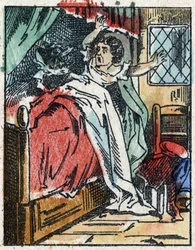 Illustrazione della favola "Cappuccetto Rosso" di Charles Perrault. Incisione su legno da Imaging Pellerin - Epinal, fine XIX secolo.