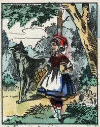 Illustrazione del racconto “Cappuccetto Rosso” di Charles Perrault. Incisione su legno di Imagery Pellerin - Epinal, fine XIX secolo.