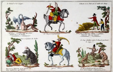 Tavola illustrativa per le favole di Jean de La Fontaine (1621-1695): la volpe e la cicogna, il cinese che cammina, l