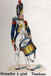 Guardia Imperiale Napoleone I: Granatiere a piedi - Tamburo. Tavola dal libro Les Uniforms de l