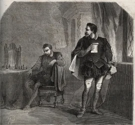 In una partita a scacchi con James Balfour, Jacques Hepburn (noto come Bothwell) (circa 1534-1578), amante della regina Maria Stuarda (1542-1587), riceve un messaggio dalla regina che lo informa che suo marito Henry Stuart, detto Lord Darnley.