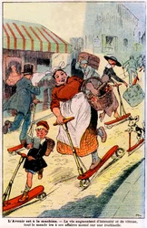 In futuro, con la vita che aumenta in intensità e velocità, tutti andranno al lavoro in scooter. 1919 (incisione)