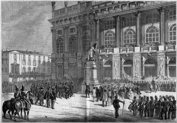 Inaugurazione del monumento sardo di Vincenzo Vela (1820-1891), in Piazza Castello a Torino (Italia) il 10 aprile 1859. Dietro la statua si trova il Palazzo Madama. Basato sugli schizzi del signor Ferry. Incisione in 