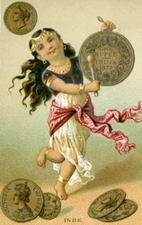 Danzatrice indiana che batte un tamburo di rupie, da una serie di carte promozionali sulle valute in diversi paesi, pubblicata a Parigi da Baster & Vieillemard per uso del produttore di cioccolato, Chocolat Ible