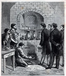 Installazione del pirometro di Alexandre Brongniart (1770-1847) scienziato francese alla manifattura di Sèvres - Incisione in "Scienze portate alla portata di tutti - fisica e chimica popolari" di Alexis Clerc - Fine del XIX secolo. Collezione privata.