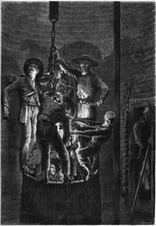 Aspetto interno di un pozzo di miniera di carbone: salita del cassone. 1861. Incisione in "Le Monde Illustré" n.238 del 2 novembre