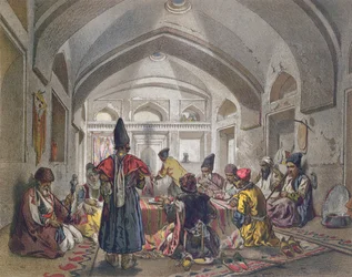 Interno di un caravanserraglio in Persia, metà del XIX secolo