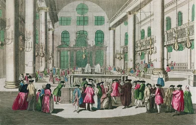 Interno di una sinagoga durante la festa di Purim