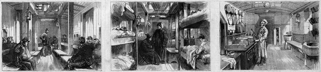 Vista interna del carro ambulanza e del carro cucina di un treno medico della Società francese di soccorso ai militari feriti. Incisione in "Le Monde Illustré" n.846 del 28 giugno 1873
