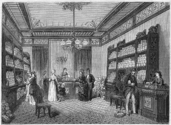 Vista interna del caffè "Compagnie du Moka-Zanzibar", situato a Parigi al 47, rue Vivienne. Incisione in "Le Monde Illustré" n.808 del 5 ottobre