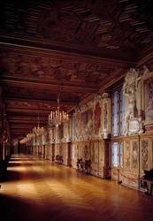 Vista interna della galleria di Francesco I a Fontainebleau. Intagli e murali della Scuola di Fontainebleau
