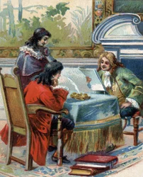 Intervista di Gottfried Wilhelm Leibniz (1646-1716), filosofo tedesco con Jacques-Benigne Bossuet (1627-1704), teologo e scrittore francese. Cromolitografia