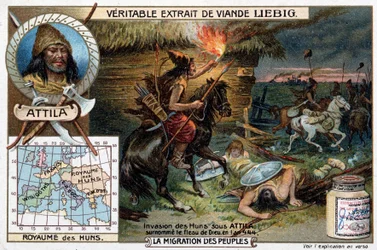 Invasione degli Unni sotto Attila, soprannominato il flagello di Dio, nel 444 - Vignetta pubblicitaria Liebig