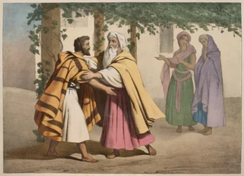 Giacobbe con Labano e le sue figlie, illustrazione da un catechismo L