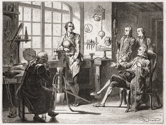 James Watt (inventore della macchina a vapore nel 1769) nel suo negozio di Glasgow - in "Album della Scienza; illustri scienziati; Grandi scoperte" 1896.