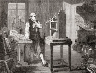 James Watt nel suo laboratorio di Glasgow migliora il motore a vapore di Thomas Newcomen del 1712 con il suo motore a vapore Watt nel 1781, da Les Merveilles de la Science, pub.1870