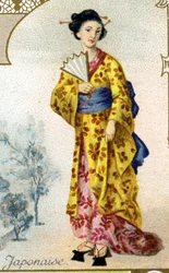 Donna giapponese. Edizione della litografia parigina, fine XIX secolo. Serie di 25 cromolitografie pubblicitarie per la fabbrica di biscotti Pernot di Digione, creata nel 1869. (dettaglio)
