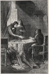 Jean Chapelain (1595-1674) poeta e critico letterario francese e Pierre Costar (1603-1660) consegnano a Jean Baptiste Colbert (1619-1683) una lista di scrittori meritevoli di pensione dal re - incisione in "Les Hommes Celebres de la France" di Louis Dumas