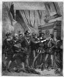 Jean Chastel (Jean Chatel) (1575-1594) dopo il tentativo di assassinare re Enrico IV di Francia il 27 dicembre 1594. Incisione del XIX secolo.