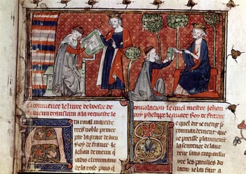 Jean de Meung, che scrive e consegna a Filippo IV, re di Francia, ... (manoscritto)