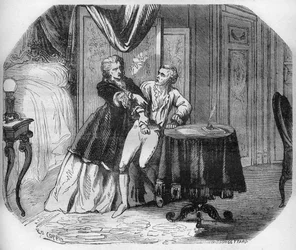 Jeanne Agnes Berthelot de Plemont, marchesa de Pré, obbliga il suo amante Luigi Enrico, duca di Borbone e principe di Condé, a nominare tutti i suoi ammiratori cavalieri dello Spirito Santo. Incisione da La storia della prostituzione e della depravazione t