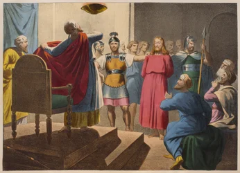 Gesù Cristo davanti a Caifa, illustrazione da un catechismo L