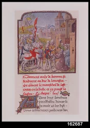 Giovanni di Gaunt accolto dai cittadini di Bayonne alle porte della città, dal Cronache di Froissart, fine XV secolo