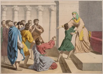 Giuseppe si fa riconoscere dai suoi fratelli, illustrazione da un catechismo L