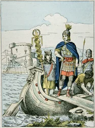 Giulio Cesare parte per punire i pirati che lo hanno tenuto in ostaggio (litografia a colori)