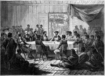 Kabar (incontro) di ufficiali francesi e capi malgasci rappresentanti la regina Ranavalo Manjaka I (Ranavalona). Madagascar