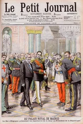 Re Alfonso XIII di Spagna presenta la sua corte al presidente Emile Loubet di Francia al Palazzo Reale di Madrid. Al Palazzo Reale di Madrid. Il re di Spagna Alfonso XIII presenta i dignitari della corte al presidente della Repubblica Loubet