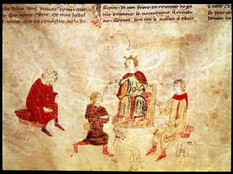 Re Artù sul suo trono circondato dai suoi consiglieri, dal Roman de Meliadus