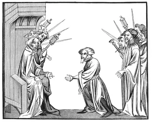 Re Carlo Magno riceve il giuramento di fedeltà e omaggio da uno dei suoi feudatari o alti baroni, da una miniatura in cameo delle Cronache di St. Denis