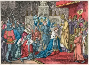 Il re Carlo VII (1403-1461) riceve la corona nella cattedrale di Reims il 17/07/1429 alla presenza di Giovanna d