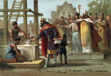 Re Dagoberto I (600-639) supervisiona la costruzione della Cattedrale di Saint Denis.