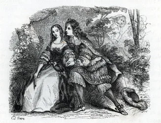 Re Luigi XIV e la sua amante Louise de La Valliere (incisione)