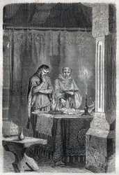 Re di Francia Carlo V il Saggio (1338 - 1380) consulta gli indovini. Incisione in 