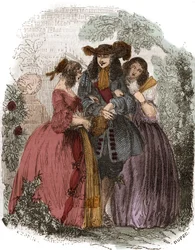 Re di Francia Luigi XIV (1638-1715) con Ortensia Mancini (1646-1699) e sua sorella Maria Mancini (1639-1715). Nipoti di Mazzarino. Incisione del XIX secolo.