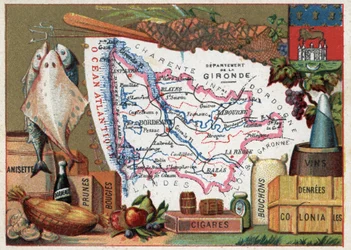 La Gironde (33), Aquitania, Francia. Specialità locale: pesce, anisetta, vino di Bordeaux, prugne, candele, sigari, tappi e cibo coloniale. Serie sui Dipartimenti Francesi. Cromolitografia "il filo geografico", circa 1920. Collezione privata